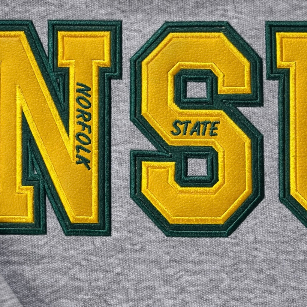 Close-up of customizable sweatshirt with double appliqué varsity style lettering 'NSU' for Norfolk State.