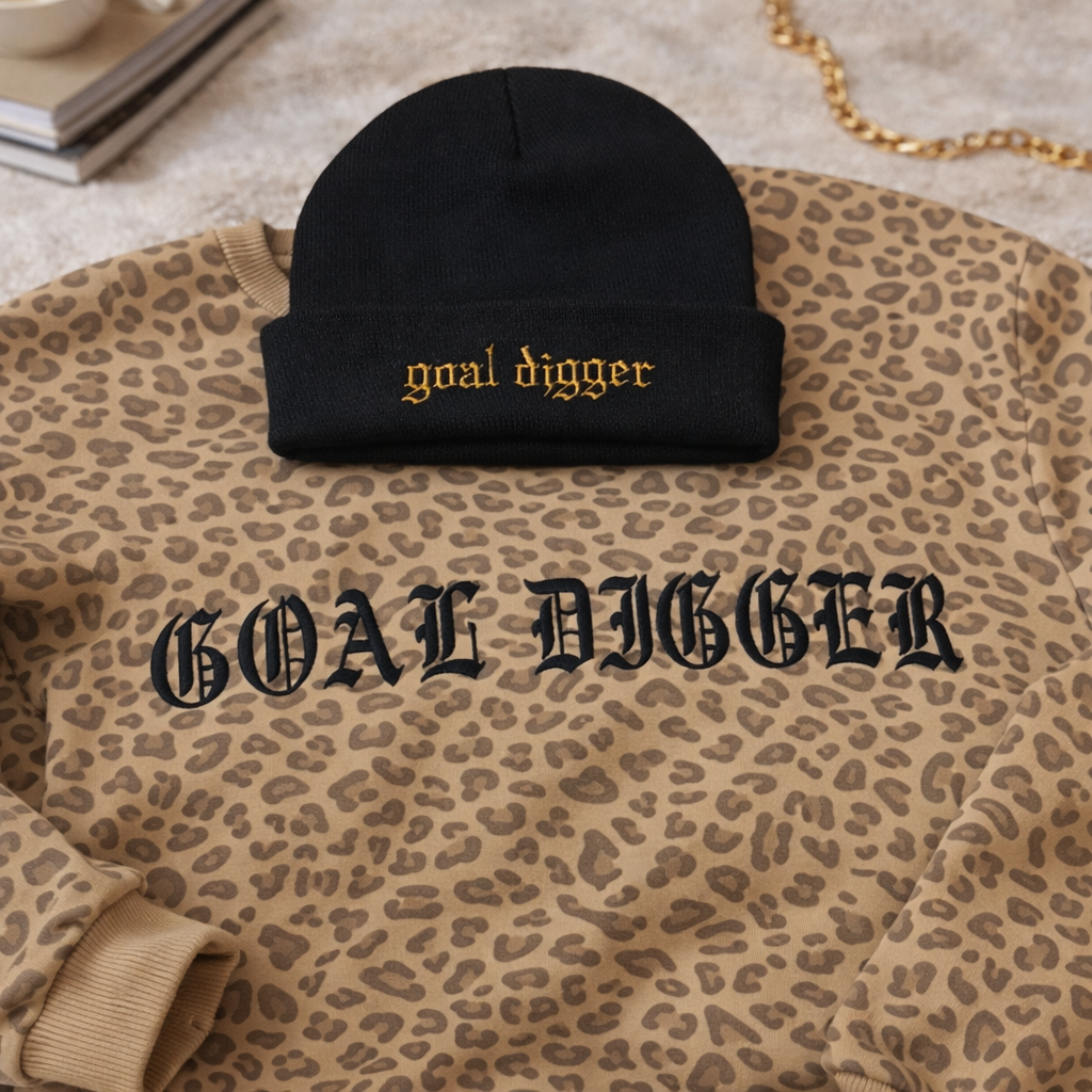 Close-up of Goal Digger embroidery showing detailed stitching and gothic lettering Motivational Sweatshirt
