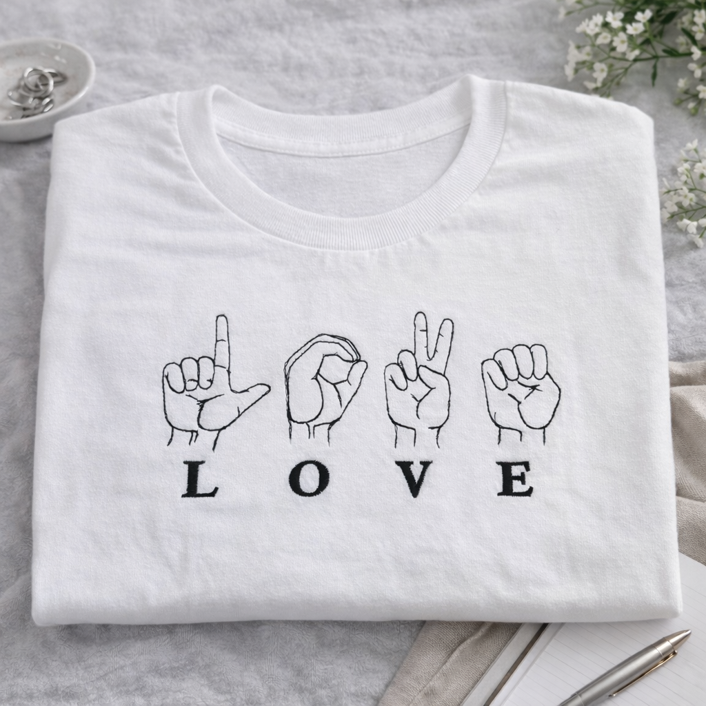 LOVE SIGNS Embroidered Tee – Heavyweight Classic Fit featuring minimalist hand-sign design on a white background.