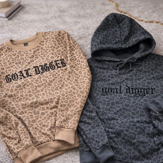 Leopard print Goal Digger embroidered crewneck and hoodie with black gothic lettering Motivational Sweatshirt