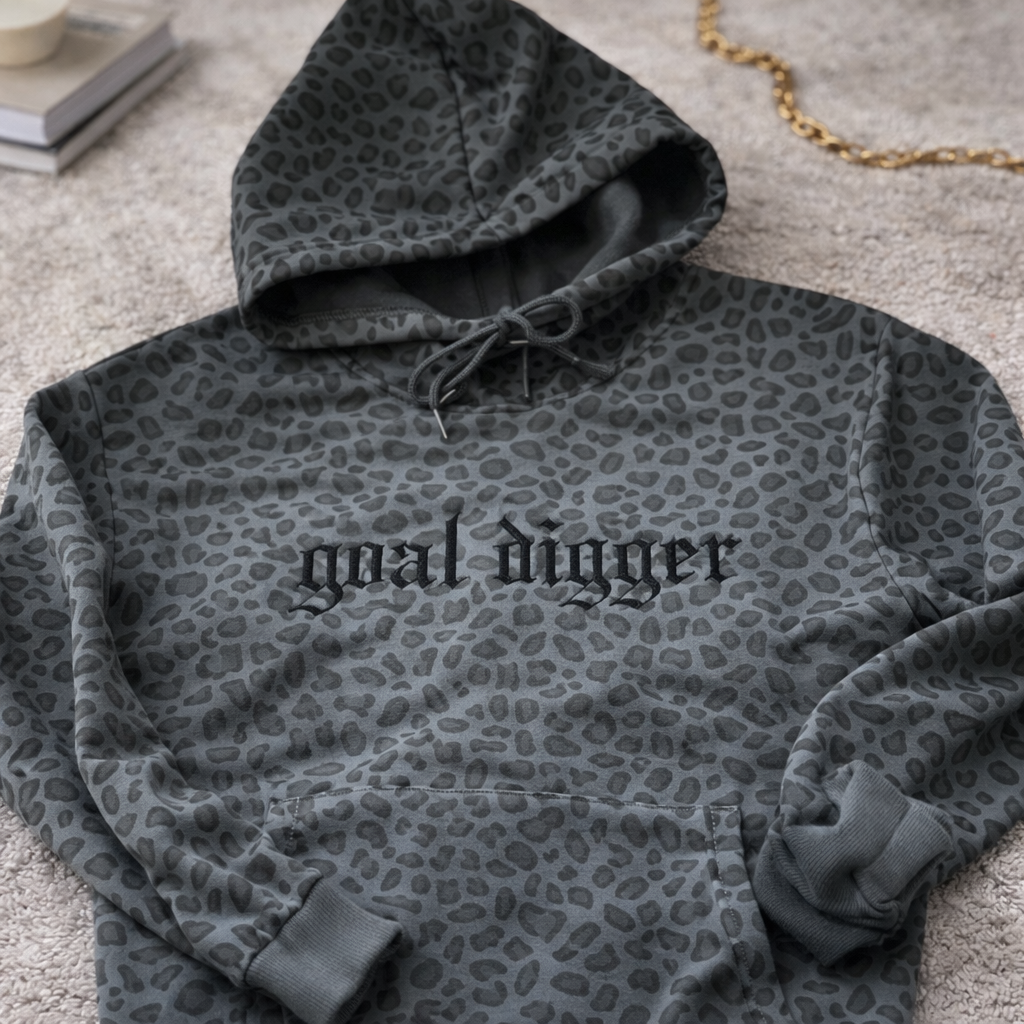 Leopard print Goal Digger embroidered hoodie with black gothic lettering and front pocket Motivational Sweatshirt