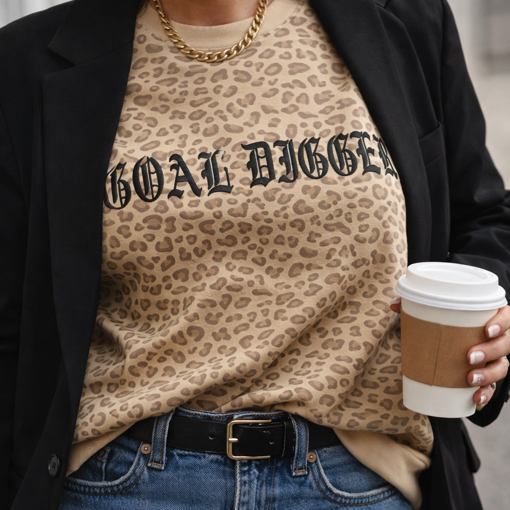 Styled flatlay of leopard print Goal Digger hoodie and crewneck for everyday casual wear Motivational Sweatshirt